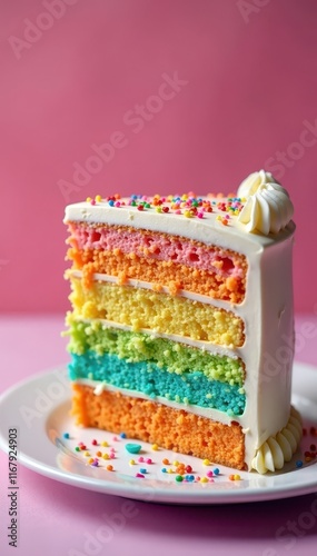 Vibrant layered cake with rainbow frosting, sprinkles , joy, multi-colored