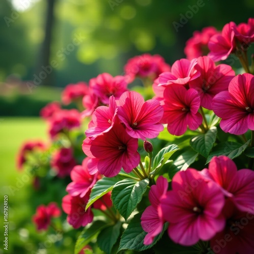 Vibrant geraniums bloom in lush park flowerbed , bloom, outdoor