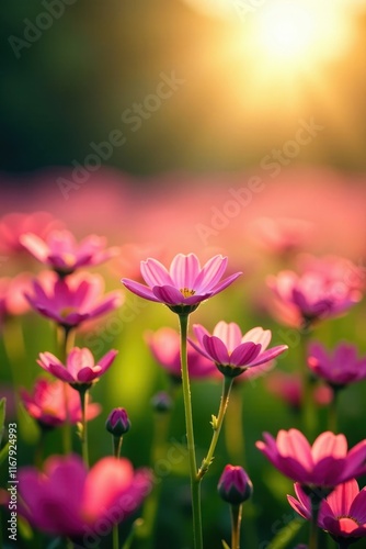 Vibrant pink flower field, sunlit, shallow depth of field, rose, botany