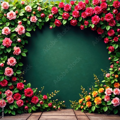 Vibrant roses cascade over a lush green wall covered in colorful flowers, creating a stunning backdrop for any scene , nature, rose