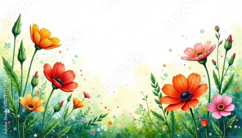 Vibrant watercolor wildflowers, lush greenery, bright colors, artistic, meadow