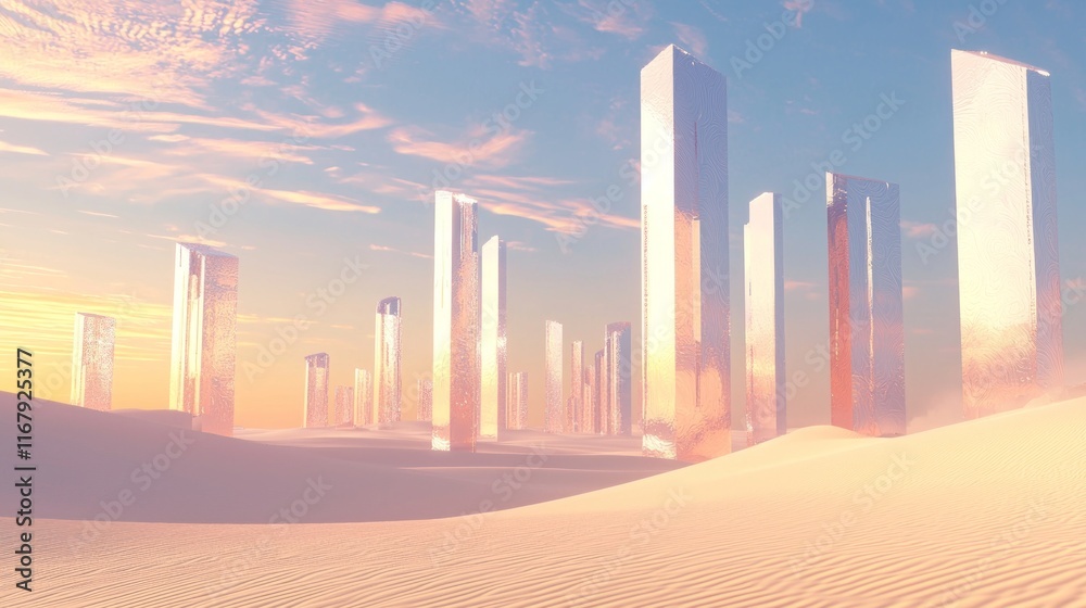 Futuristic Desert Dreamscape: Surreal Sand Ridges, Metallic Towers, and Fading Light Futuristic Desert Dreamscape: Surreal Sand Ridges, Metallic Towers, and Fading Light