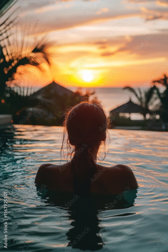 Relaxing in a tranquil pool while watching the sunset over the ocean at a tropical destination Relaxing in a tranquil pool while watching the sunset over the ocean at a tropical destination