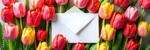 White envelope nestled amongst vibrant tulips , tulips, background