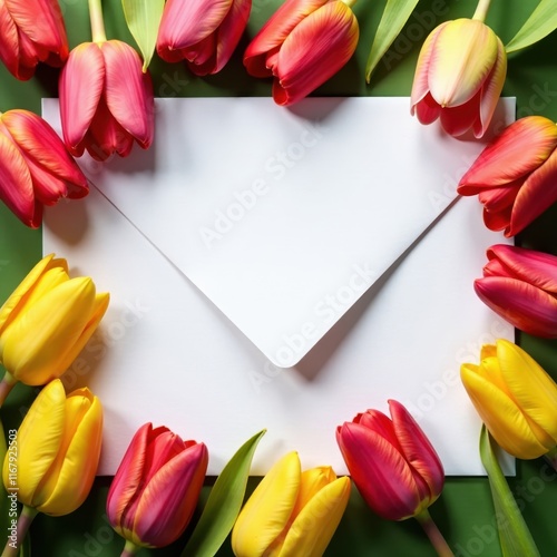 White envelope nestled amongst vibrant tulips , background, colorful