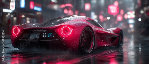Red sports car in rain at night. (1)