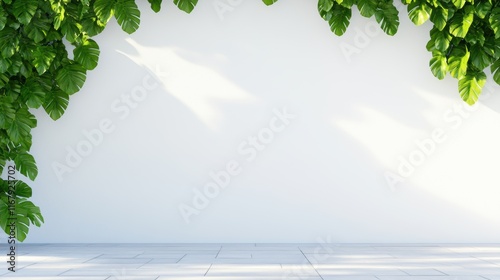 Elegant minimalistic wall with lush green leaves and subtle shadows on a sunny day