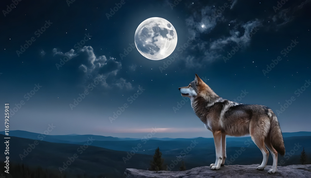 A majestic wolf on a rocky ledge under a full moon, with a starry sky and mountainous background, generative A majestic wolf on a rocky ledge under a full moon, with a starry sky and mountainous background, generative