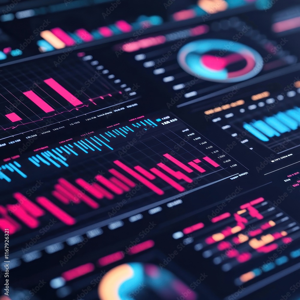 A collection of colorful data visualizations and graphs on digital screens. A collection of colorful data visualizations and graphs on digital screens.