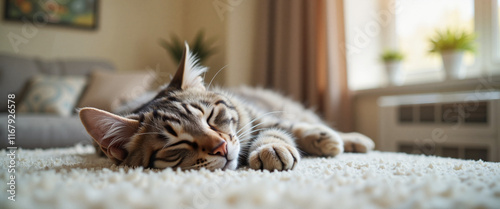 Fluffy grey cat sleeping peacefully in cozy living room, comfort and serenity
