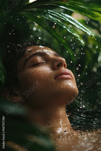 Serene moment of a person embracing nature amidst water droplets in a lush green setting