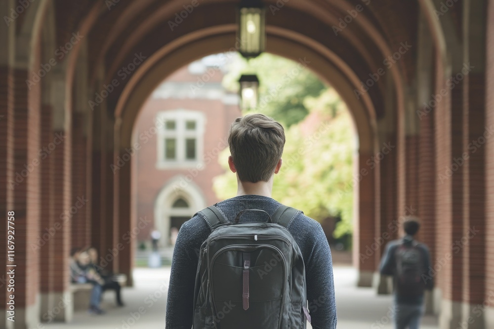 Fototapeta premium Student walks through brick archway, backpack.