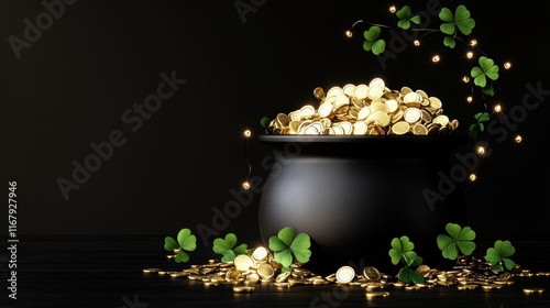 Pot of gold with clovers and string lights on dark background photo