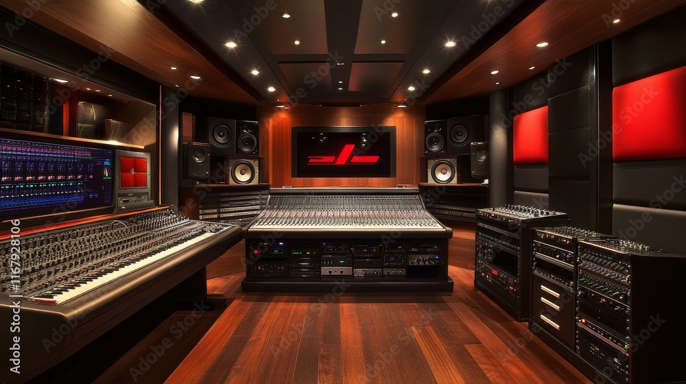 47.A detailed shot of a boutique recording studio’s control desk, featuring an array of high-end audio equipment including mixing consoles, sliders, and audio monitors. The desk is well-organized 47.A detailed shot of a boutique recording studio’s control desk, featuring an array of high-end audio equipment including mixing consoles, sliders, and audio monitors. The desk is well-organized