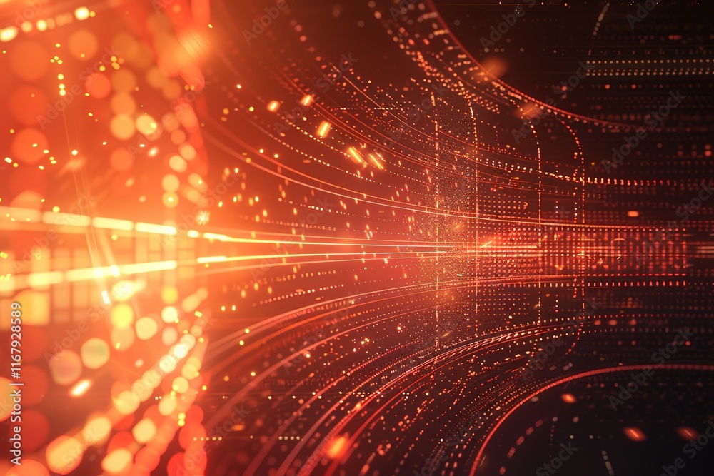 Obraz premium Abstract digital tunnel of glowing orange light and data streams. Futuristic technology background.
