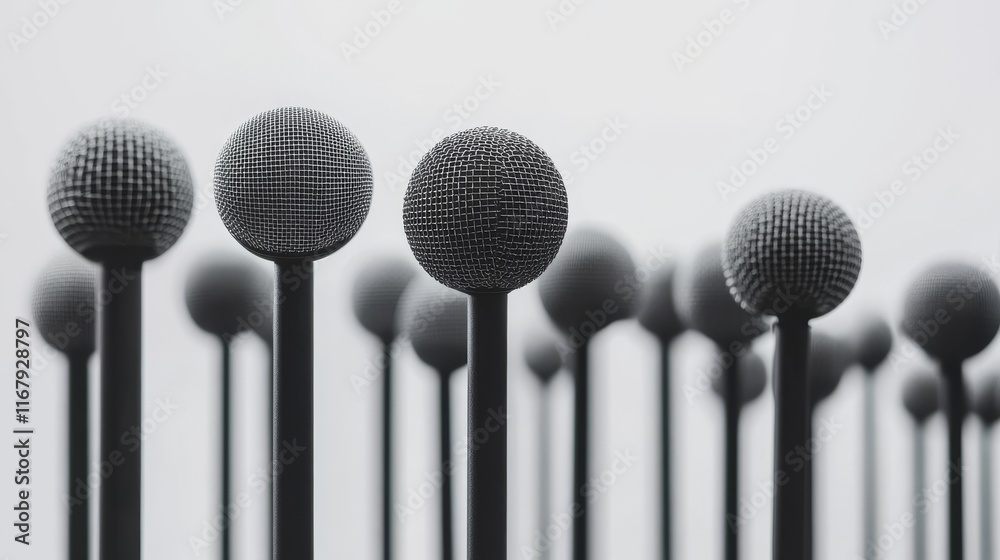 13.A minimalistic composition of multiple microphones with black stands, isolated on a white background, ideal for press conferences or media events. Each microphone has a silver mesh head and a 13.A minimalistic composition of multiple microphones with black stands, isolated on a white background, ideal for press conferences or media events. Each microphone has a silver mesh head and a