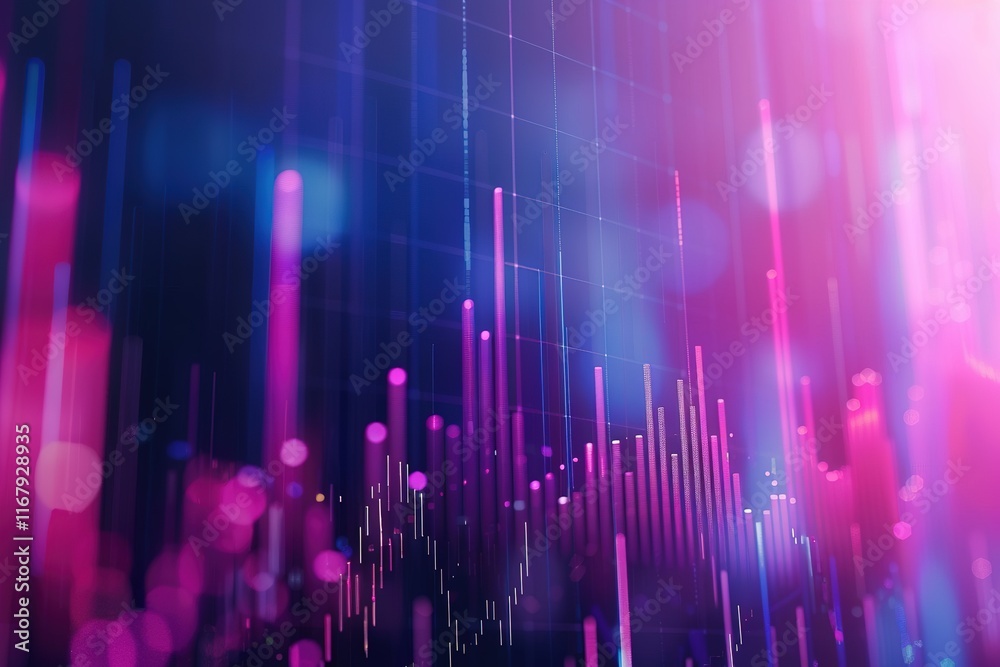Abstract data visualization with vibrant pink and blue bars and lines on a dark background. Abstract data visualization with vibrant pink and blue bars and lines on a dark background.