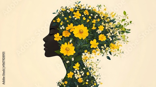 Artistic depiction of blooming flowers forming a silhouette of a woman representing growth and strength on International Womena??s Day photo