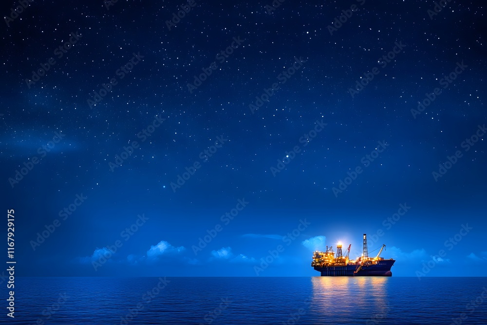 Fototapeta premium Majestic Night Sky Over Calm Waters with a Drilling Ship Illuminated by Bright Lights and Stars, Creating a Serene Maritime Scene at Twilight