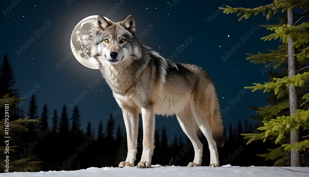 Obraz premium A majestic wolf on a rocky ledge under a full moon, with a starry sky and mountainous background, generative