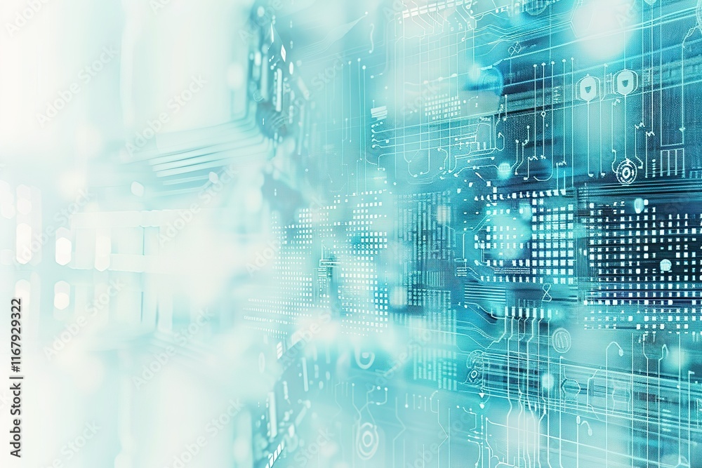 Obraz premium Abstract digital technology background with circuit board patterns and glowing elements.