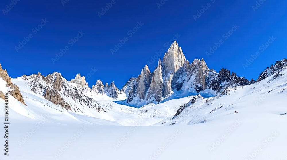 Obraz premium Majestic snow-covered mountains under a clear blue sky.