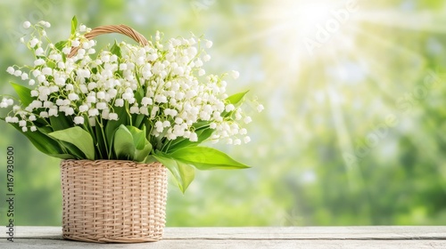 Lush lily of the valley bouquet in a wicker basket with sunlit background