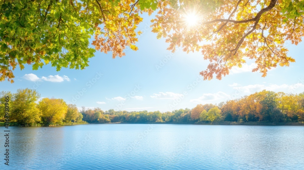 Scenic autumn lake view with vibrant foliage and sunny sky Scenic autumn lake view with vibrant foliage and sunny sky