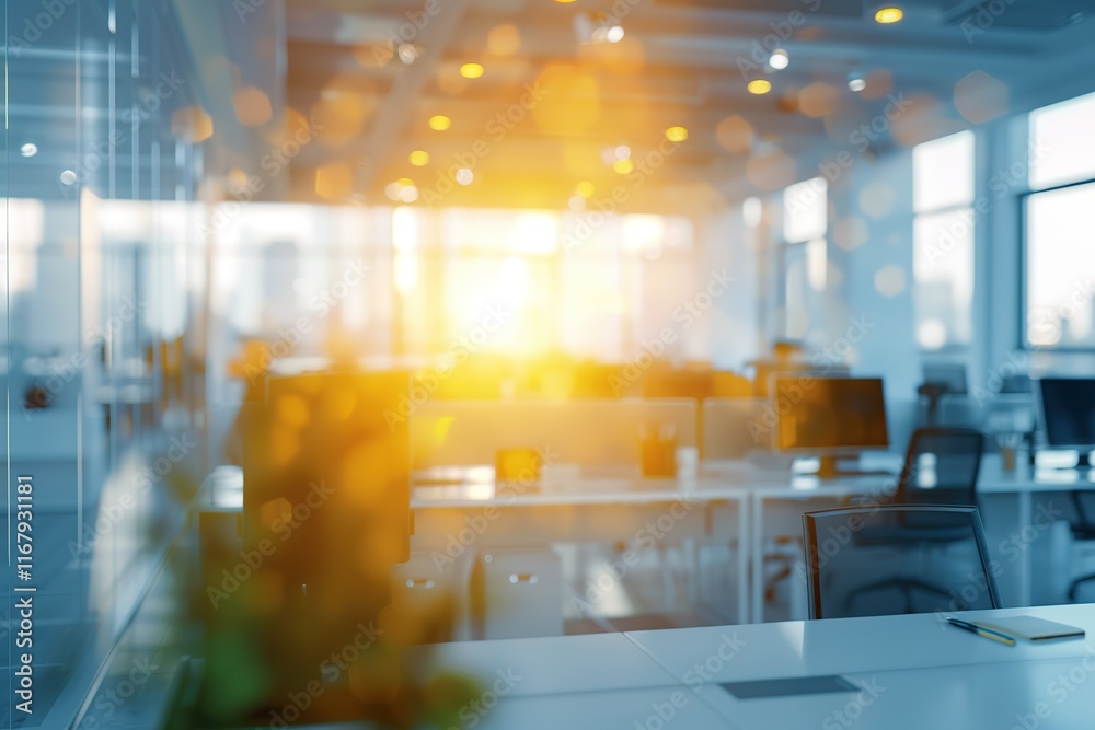 Sunlit modern office workspace with blurred background and empty desk in the foreground. Sunlit modern office workspace with blurred background and empty desk in the foreground.