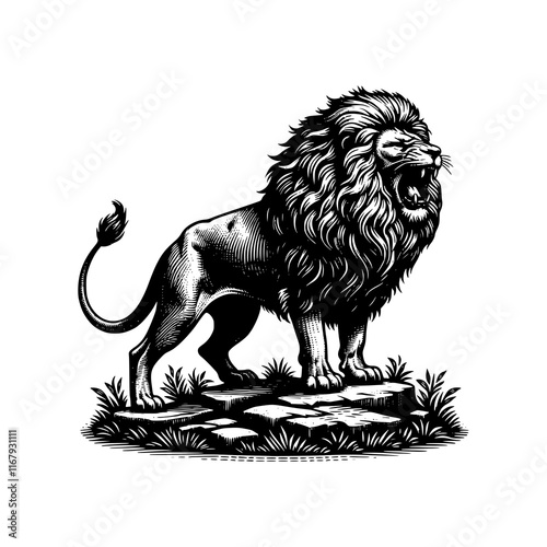 Artistic black and white rendering of a lion roaring with intricate mane details and bold patterns photo