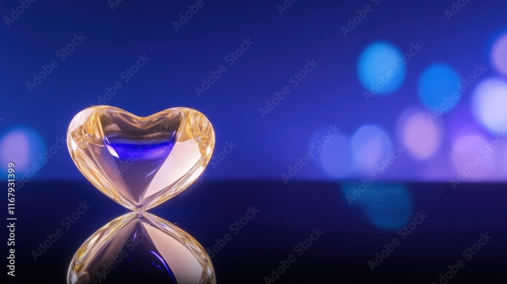 Glass heart sculpture on reflective surface with bokeh background in purple and blue tones Glass heart sculpture on reflective surface with bokeh background in purple and blue tones