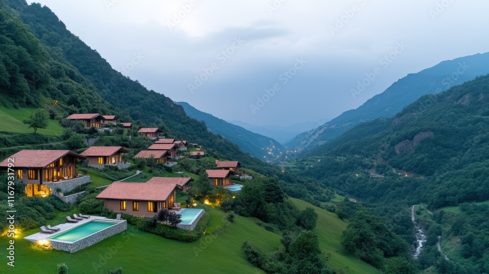 Fototapeta premium Scenic mountain valley retreat with luxurious villas and infinity pools at dusk