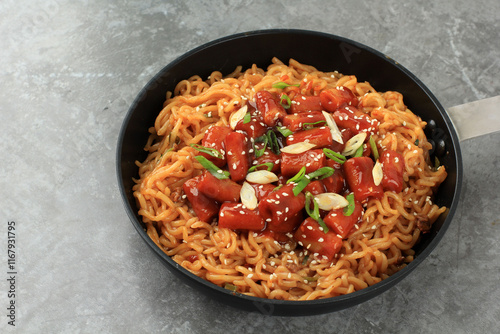 Rabokki or Ramen Tteokbokki, Korean Instant Noodle with Rice Cake Tteokpokki photo