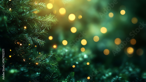 A dark green background with soft, defocused white light reflections, creating a serene holiday atmosphere. with copy space for text