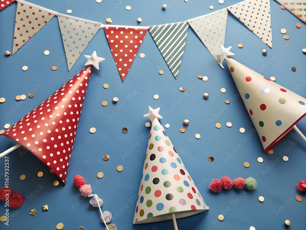 Obraz premium Festive Birthday Celebration Background with Party Hat, Balloons, and Colorful Decorations.