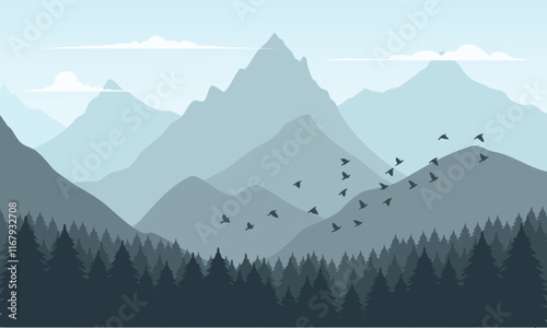 Vector blue mountain landscape with clean sky, calm river, birds flying and pine trees silhouettes