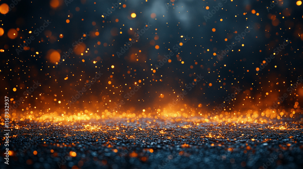 Fototapeta premium A charcoal gray background with scattered light points in gold and silver, mimicking the flicker of fireflies. with copy space for text