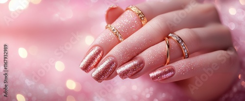 Luxury manicure showcasing rose gold glitter nails with soft focus lighting effects.