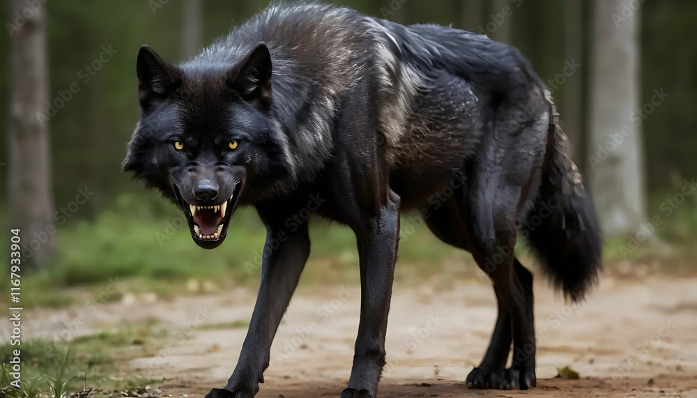 Naklejka premium A fierce black wolf baring its teeth, showcasing its wild and intimidating nature. generative ai