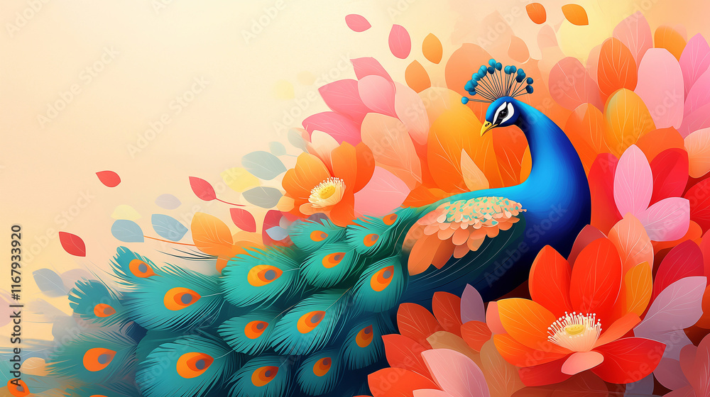 Fototapeta premium The Radiant Peacock: A Symphony of Colors and Flowers