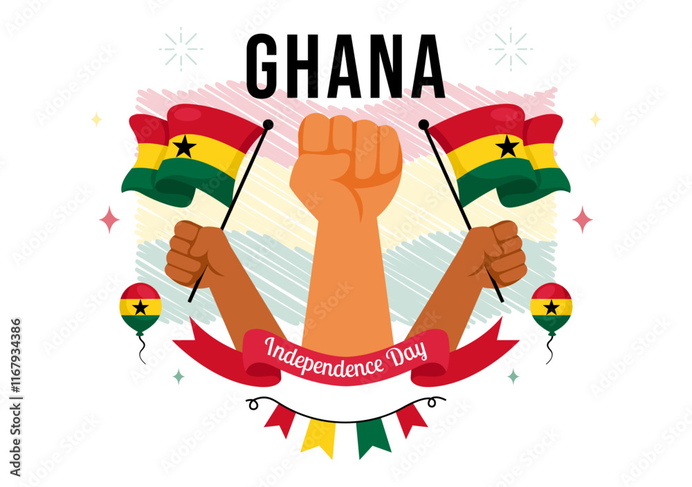 Fototapeta premium Ghana Independence Day Celebration Vector Illustration on March 6th, Featuring a Waving Flag in a National Holiday Flat Style Cartoon Background