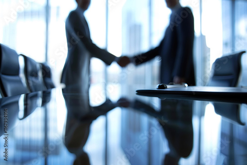 Business professionals shaking hands after finalizing a merger, elegant boardroom setting  photo