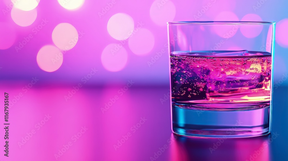 Close-up of a cocktail glass with a glowing beverage, elegant reflections in a dimly lit bar in pink background Close-up of a cocktail glass with a glowing beverage, elegant reflections in a dimly lit bar in pink background