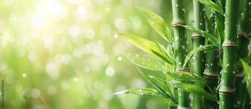 Fototapeta premium Lush vibrant bamboo leaves swaying gently in a serene natural setting with soft dappled sunlight filtering through the foliage creating a calming and rejuvenating atmosphere