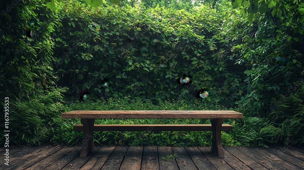[Outdoor gatherings dining public] Serene Woodland Picnic Oasis - Lush Greenery & Wooden Bench Amidst Nature's Solace