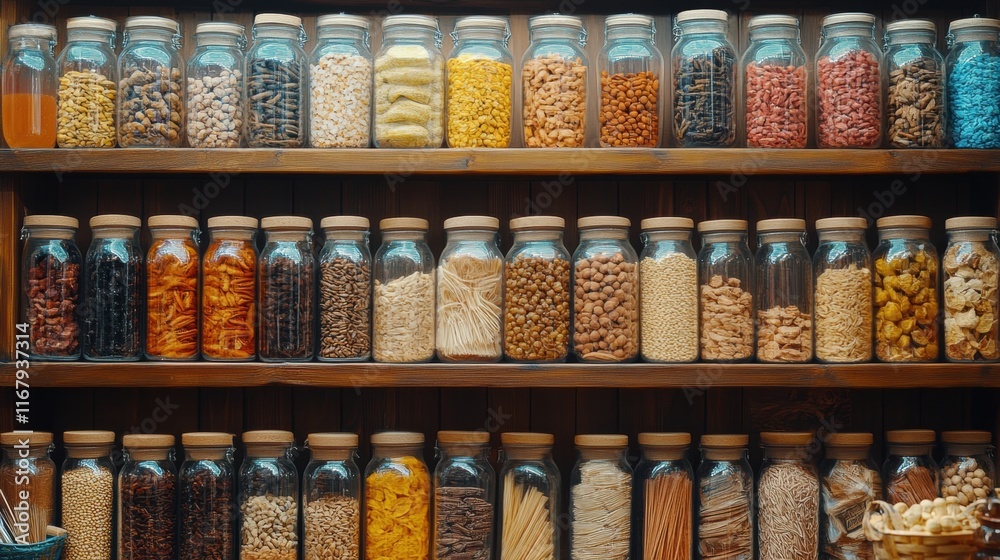 Jars of Various Colors and Textures Filled with Dry Foods on Shelf