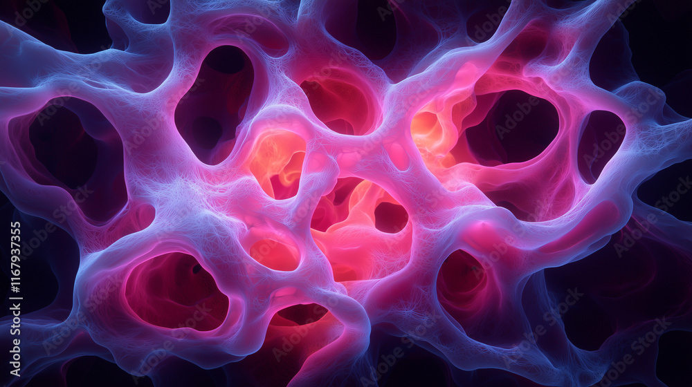 Bone tissue, SEM / A close-up of red and pink human bone cells in an abstract style Bone tissue, SEM / A close-up of red and pink human bone cells in an abstract style