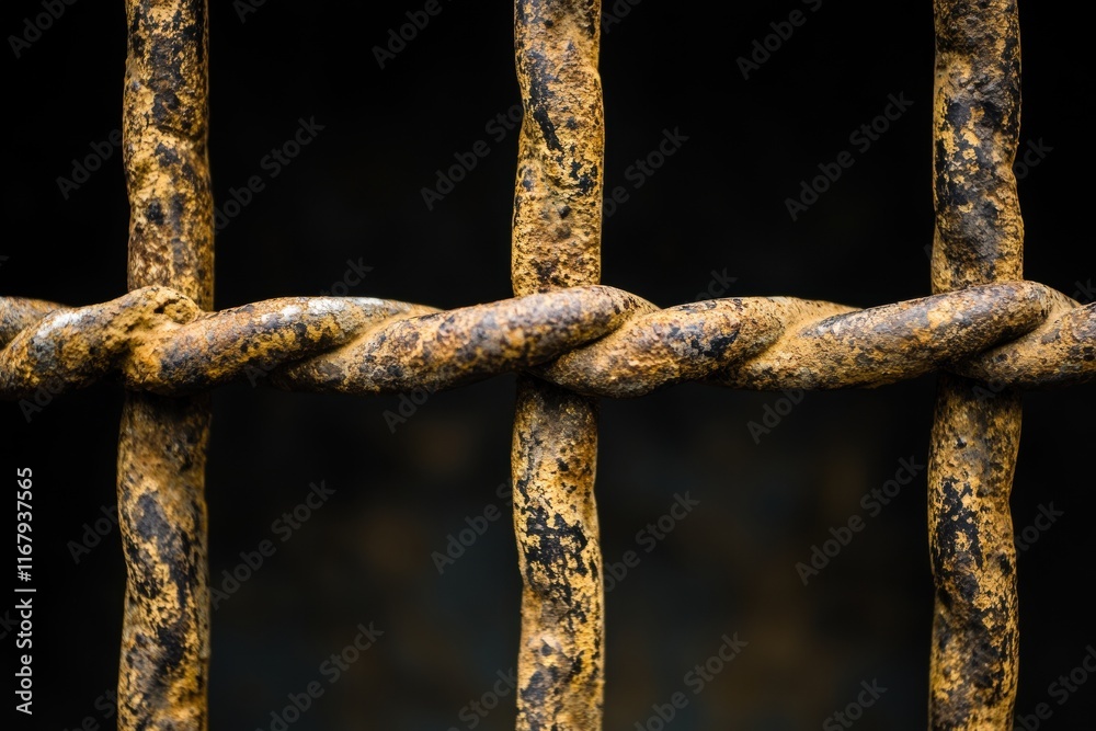 Rusty Metal Bars with Unique Twisted Design on Dark Background Rusty Metal Bars with Unique Twisted Design on Dark Background