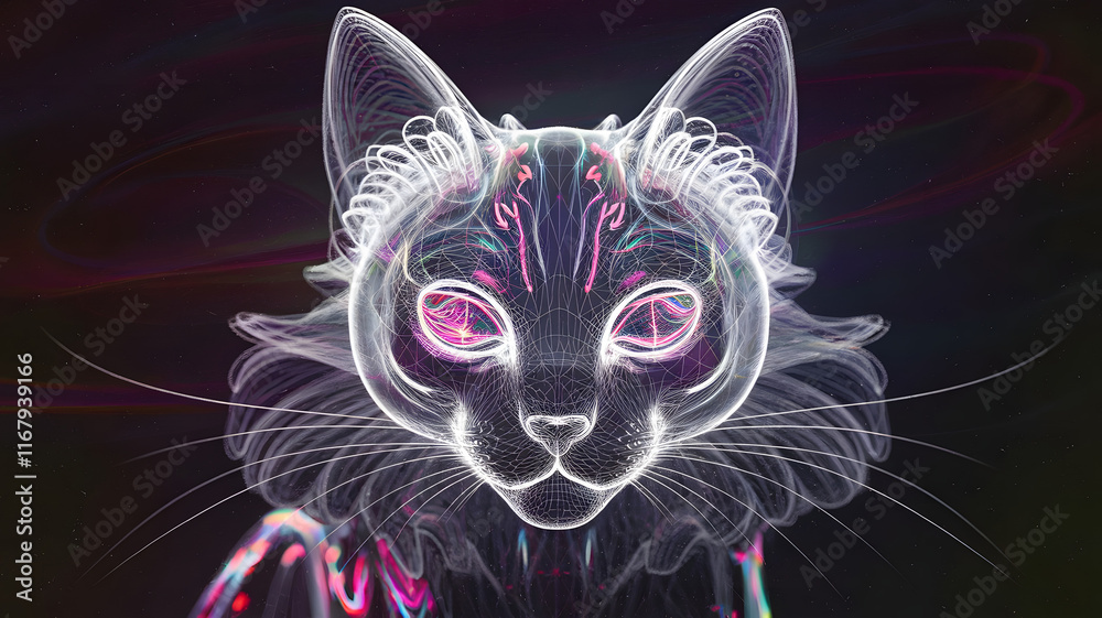 A wireframe art of a neon synthwave-inspired scene with a beautiful, elegant, and transparent cat. A wireframe art of a neon synthwave-inspired scene with a beautiful, elegant, and transparent cat.