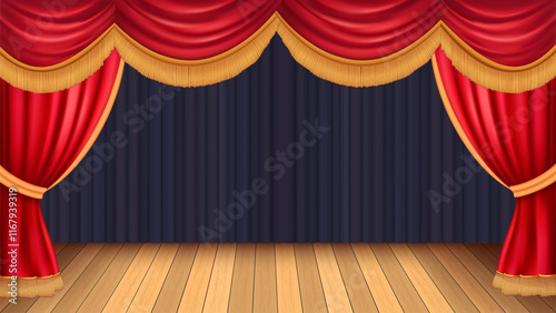 Abstract vector rendering theater stage curtain and Wooden theater stage.spotlights and Movie night or showtime